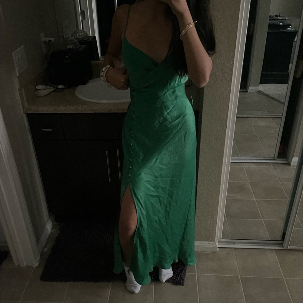 Zara Long green slit v neck dress